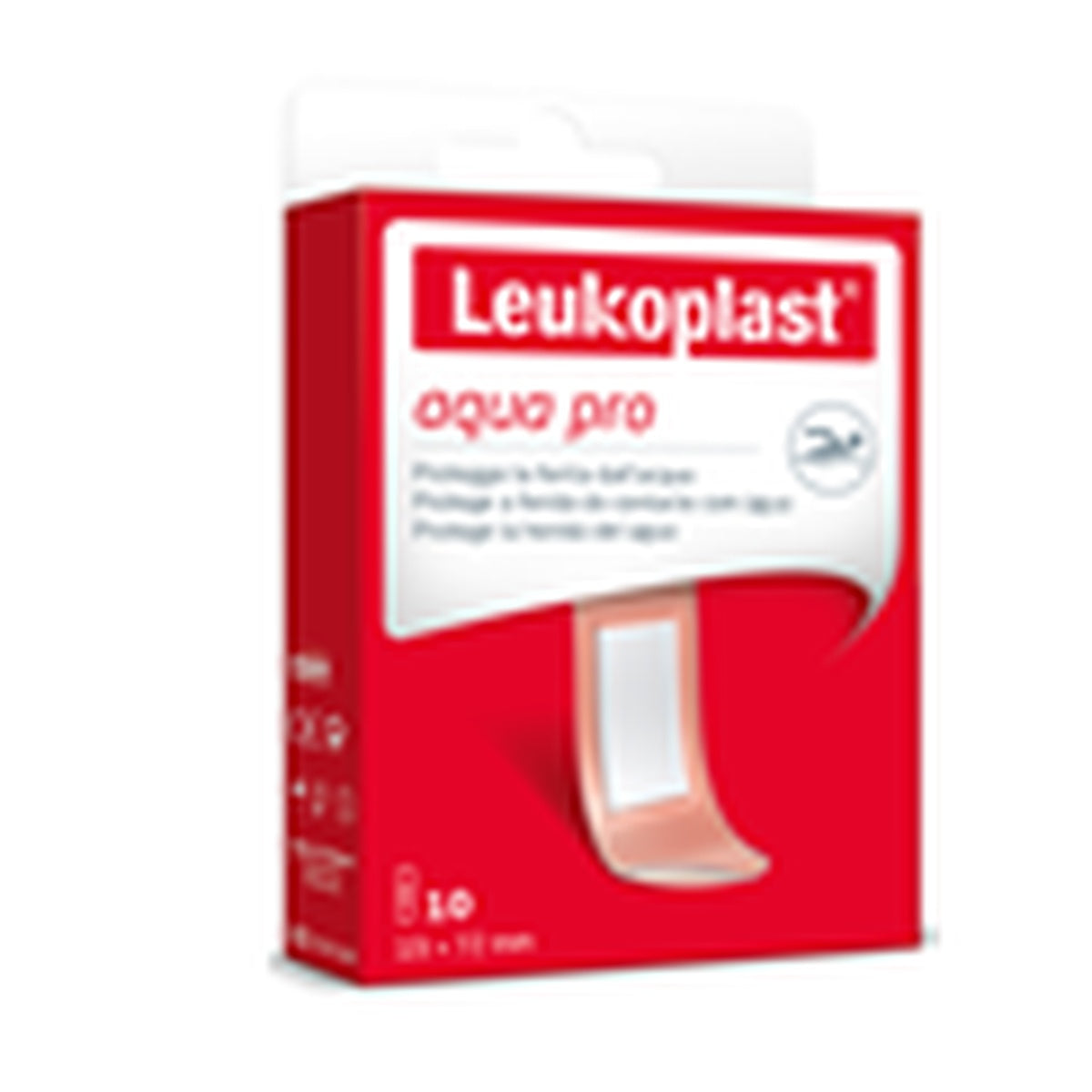 Vendaje adhesivo estéril LEUKOPLAST AQUA PRO de BSN, con soporte de película transparente, color piel, y cinta roja para fácil retiro.
