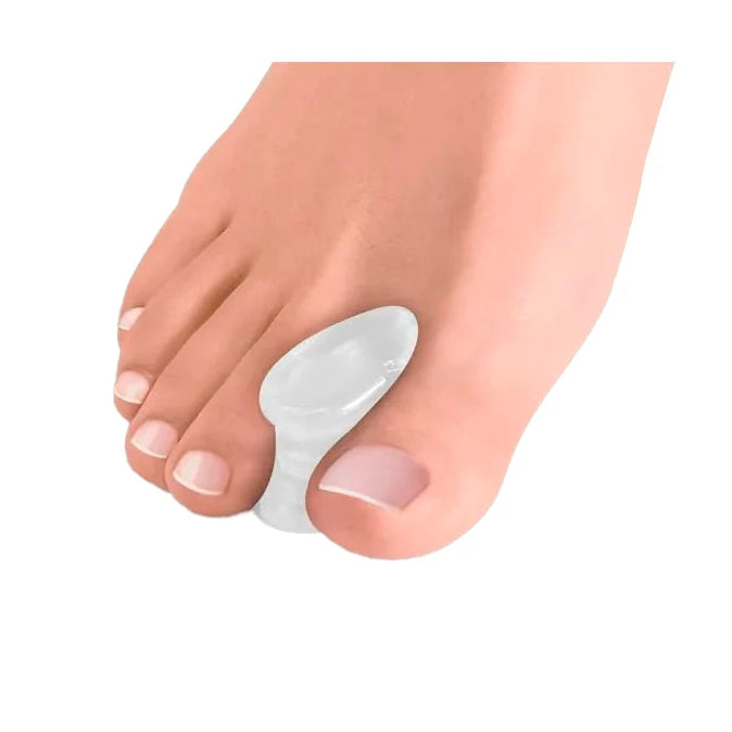 Separadores de dedos grandes de gel Pura+, modelo REF 0323, en color transparente, diseñados para aliviar la presión entre los dedos.