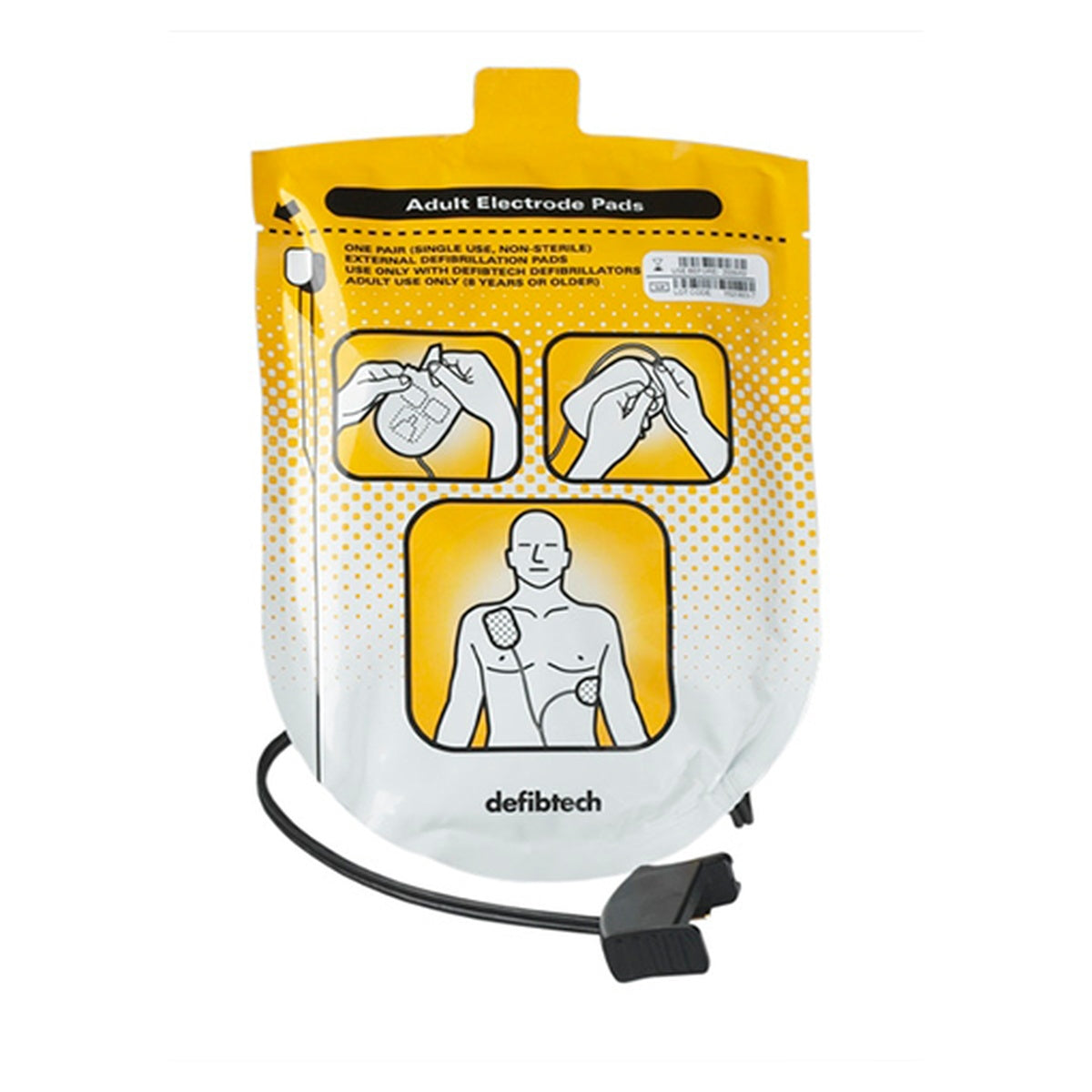 Almohadillas de desfibrilación para adultos Defibtech DDP-100, de forma rectangular, color negro y amarillo, diseñadas para uso en DEA.