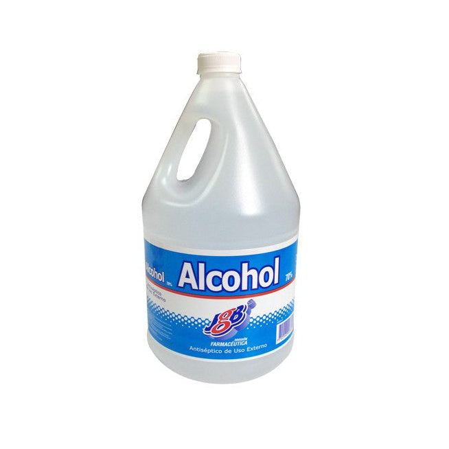 Desinfectante antibacterial Alcohol 70% JGB en galón de 3800 ml, envase transparente con tapa azul, fondo blanco.