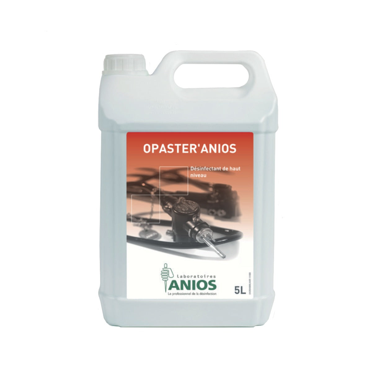 Garrafa de 5 litros de OPASTER'ANIOS, desinfectante de alto nivel, solución límpida azul, pH 7, con 0,55% de orto-ftalaldehído.
