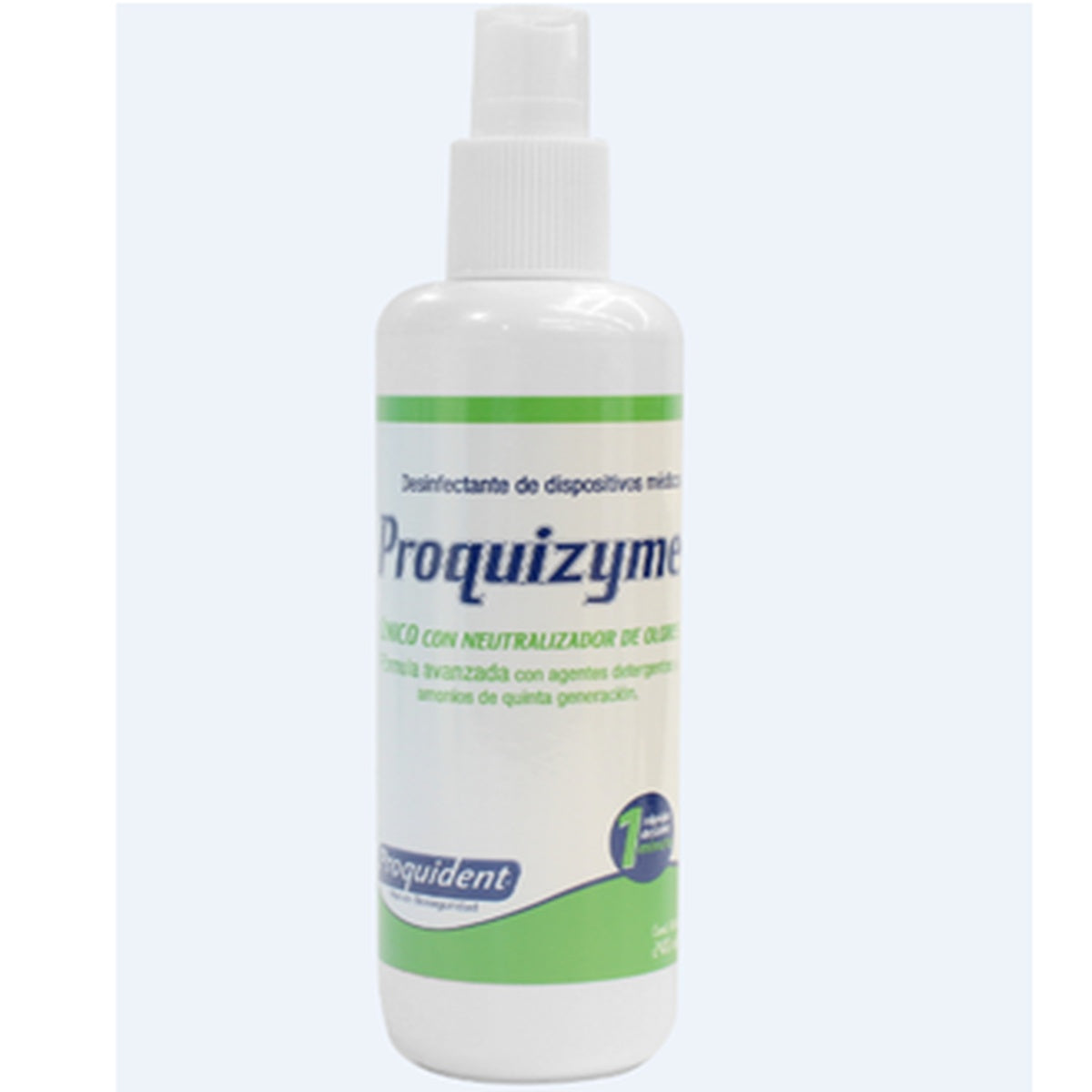 Desinfectante PROQUIZYME de 240 ml, incoloro y transparente, en envase PET blanco, diseñado para eliminar microorganismos en superficies.