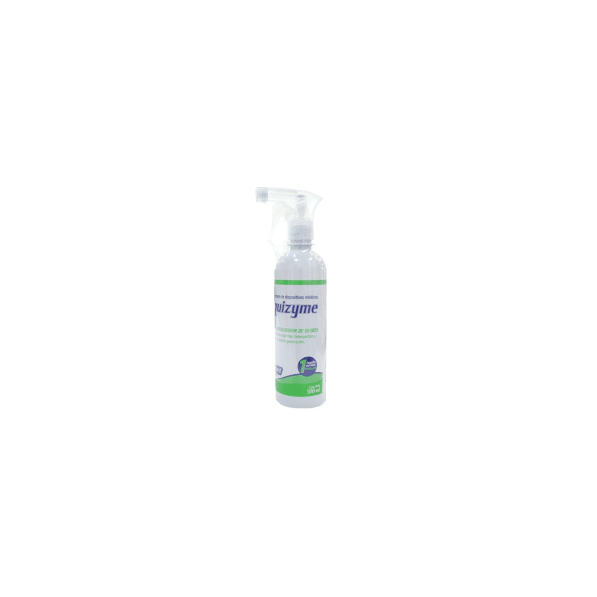 Proquizyme Desinfectante 500 ml, amonio cuaternario, envase transparente con tapa azul, fondo blanco.