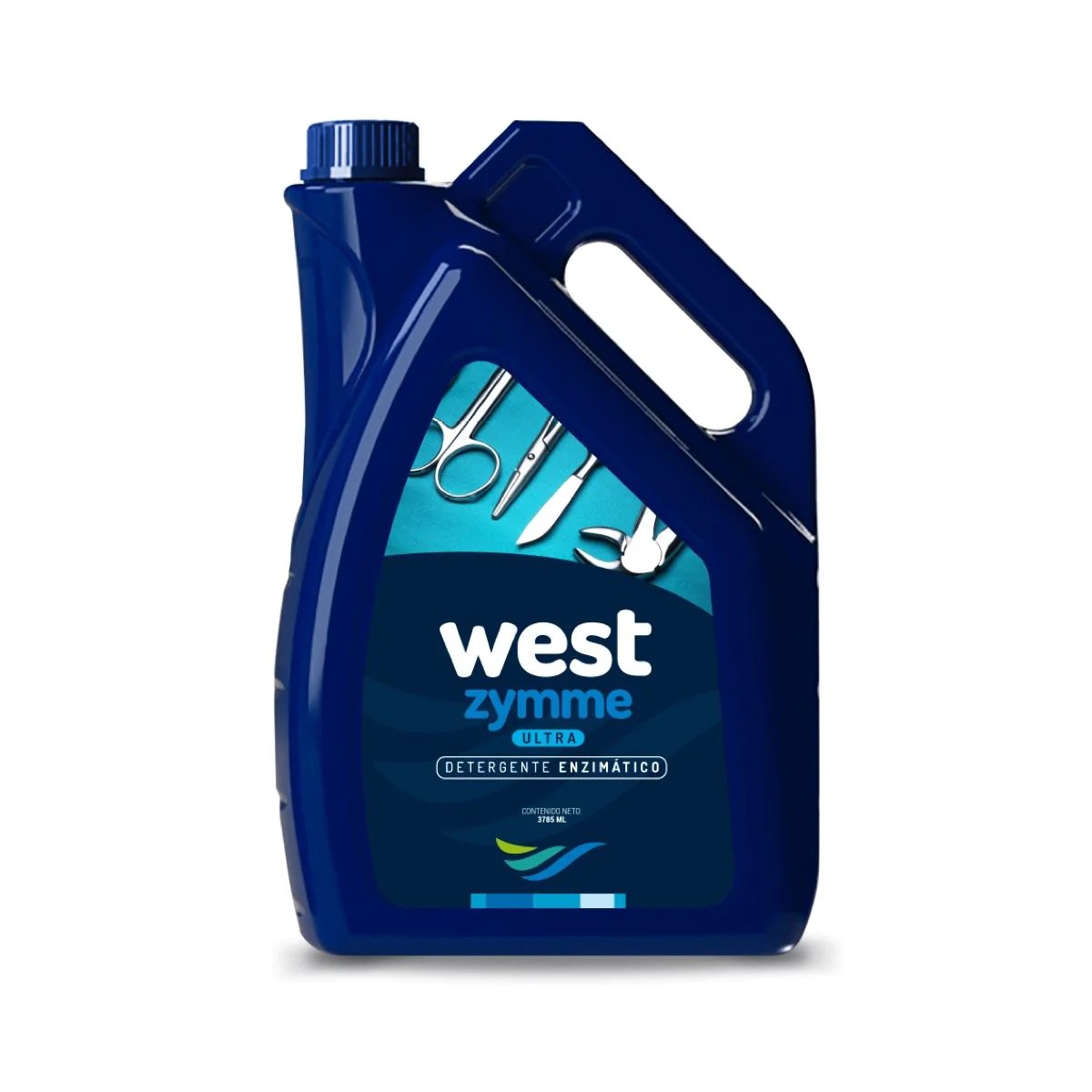 Detergente enzimático líquido West Zymme Ultra, color verde, en envase rígido de 1 litro, diseñado para limpiar instrumental médico-quirúrgico.