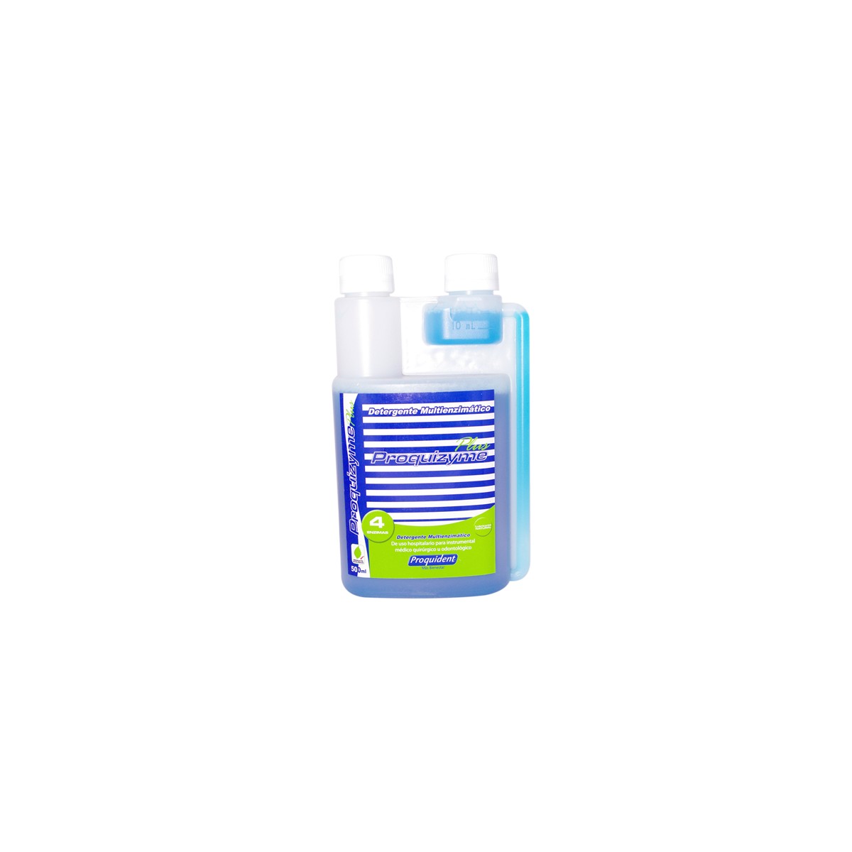 Proquizyme Plus 500 ml, detergente multi enzimático eficaz, en botella transparente con etiqueta azul y blanca, fondo blanco.