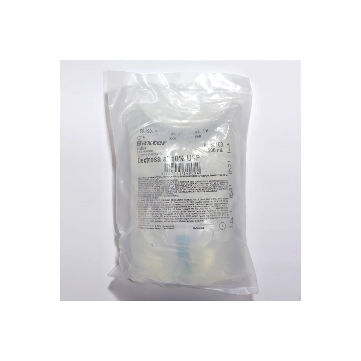 Dextrosa 10% Solución Hidratante 500 ml, frasco transparente con etiqueta azul y blanca, ideal para uso clínico.