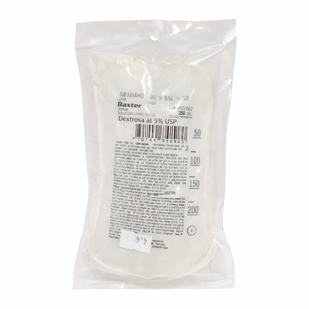 Bolsa de solución inyectable dextrosa al 5% Baxter 150 ml para uso intravenoso hospitalario