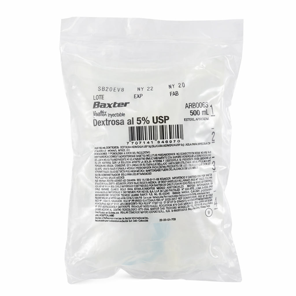 Dextrosa 5% Solución Hidratante 500 ml, envase transparente, líquido incoloro, utilizado para hidratación intravenosa.