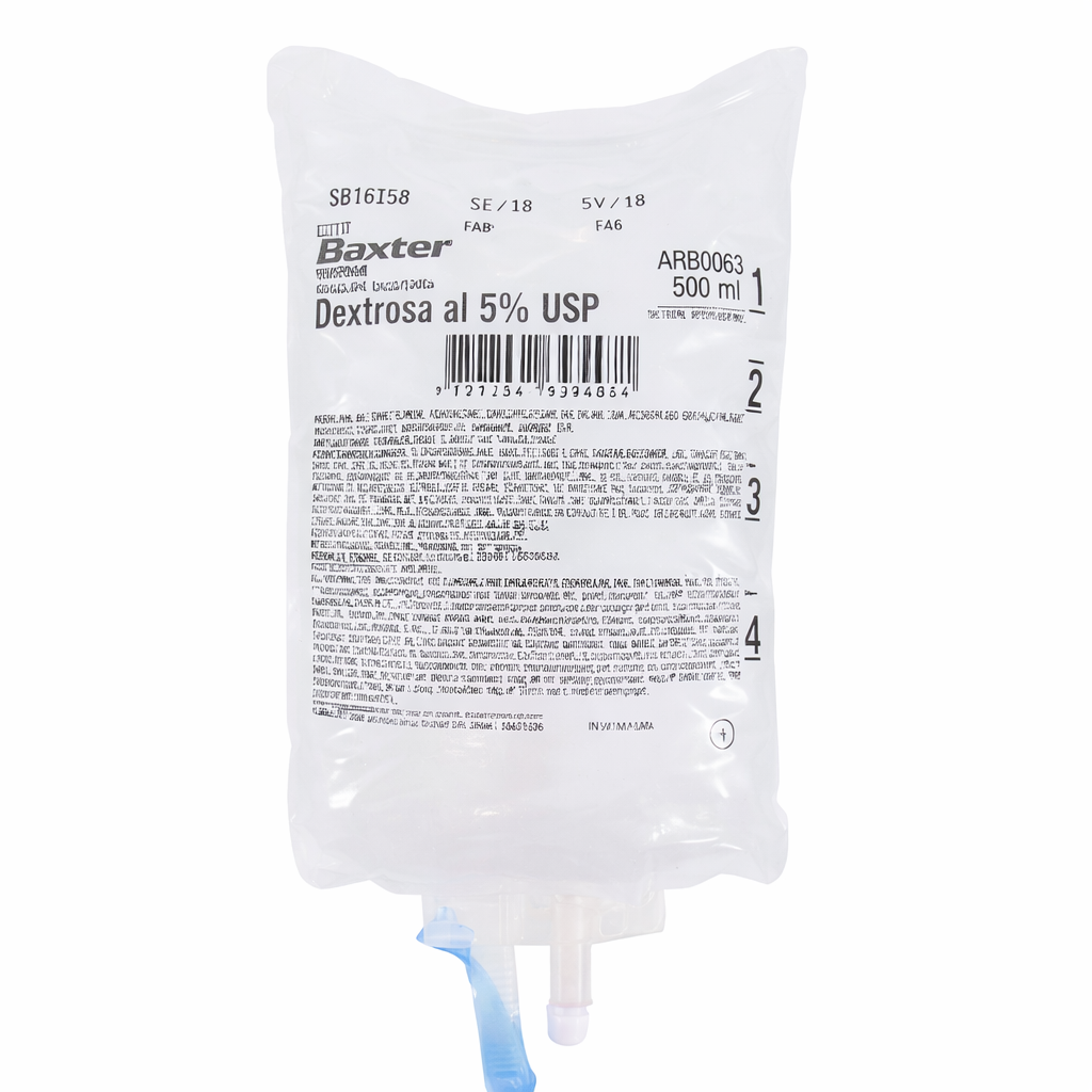 Solución inyectable de Dextrosa al 5% y Cloruro de Sodio al 0.9% en bolsa plástica de PVC, 500 mL, con dos salidas.