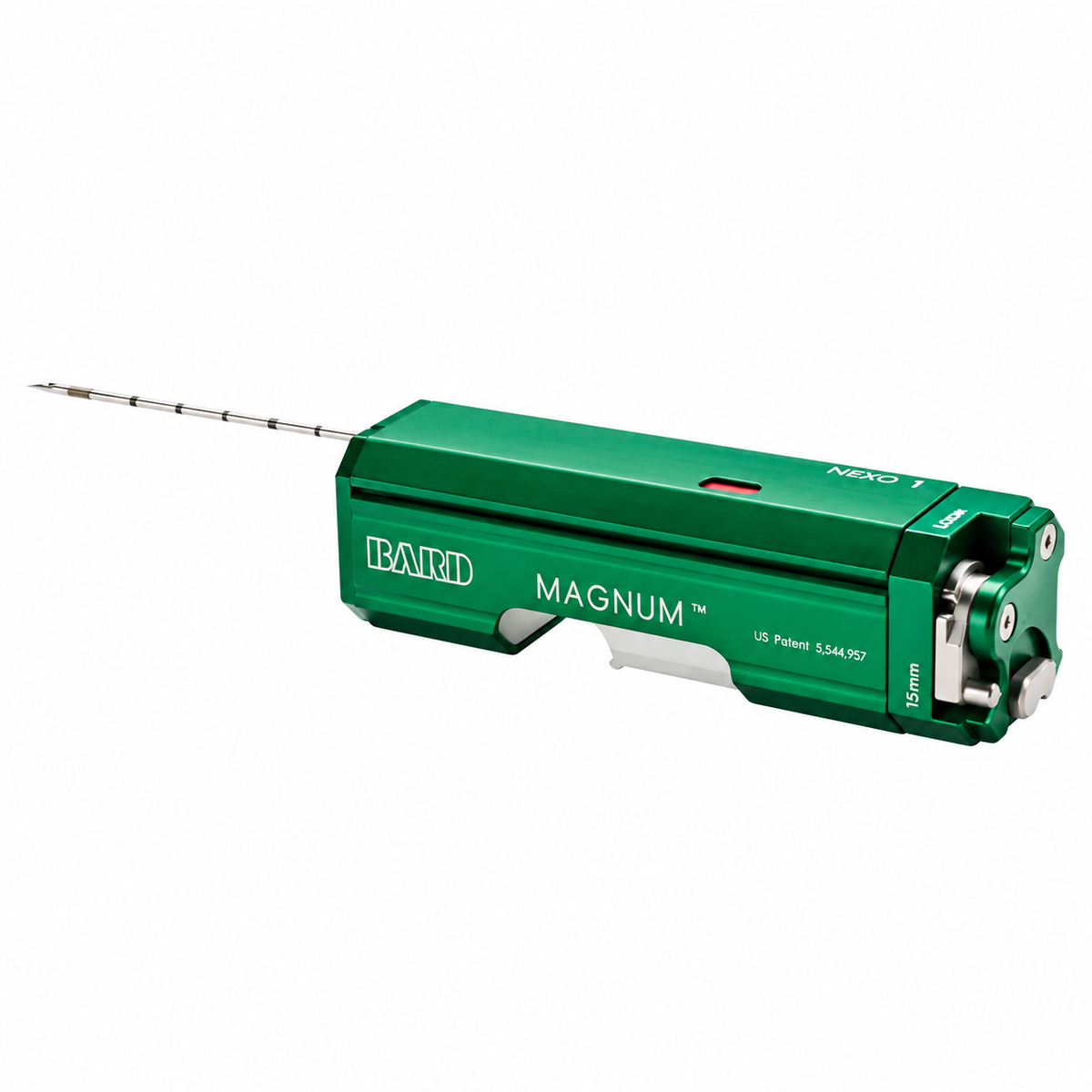 Dispositivo automático reutilizable Bard Magnum para biopsia core, diseñado para la obtención precisa y controlada de muestras de tejido.