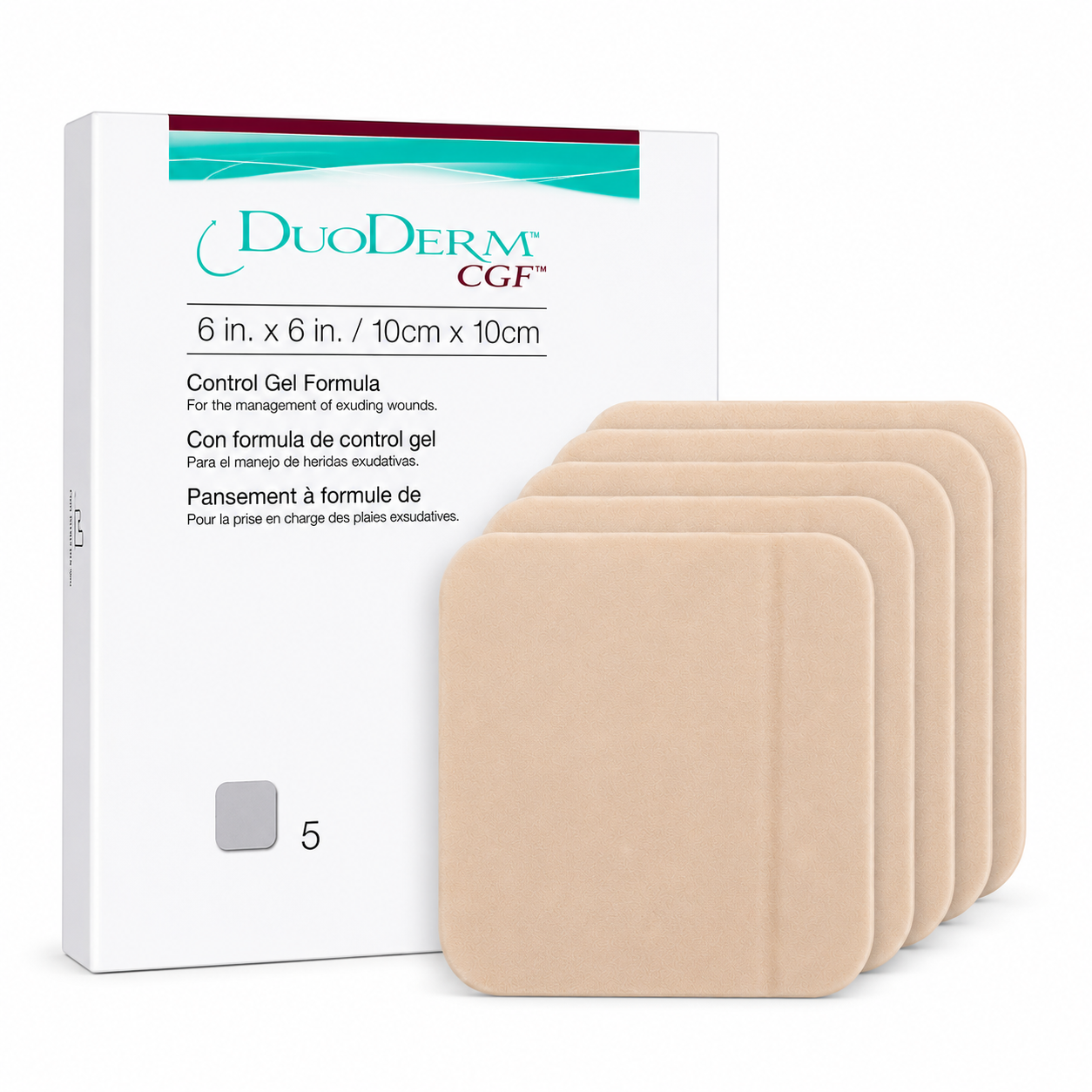 Duoderm CGF 7660 apósitos hidrocoloides 10x10 cm caja x5 unidades Convatec sobre fondo blanco para catálogo médico