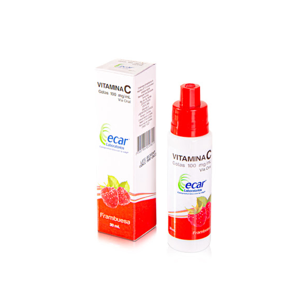 Ecar Vitamina C gotas 100 mg x 30 ml, presentación del producto suplemento para consumo diario.