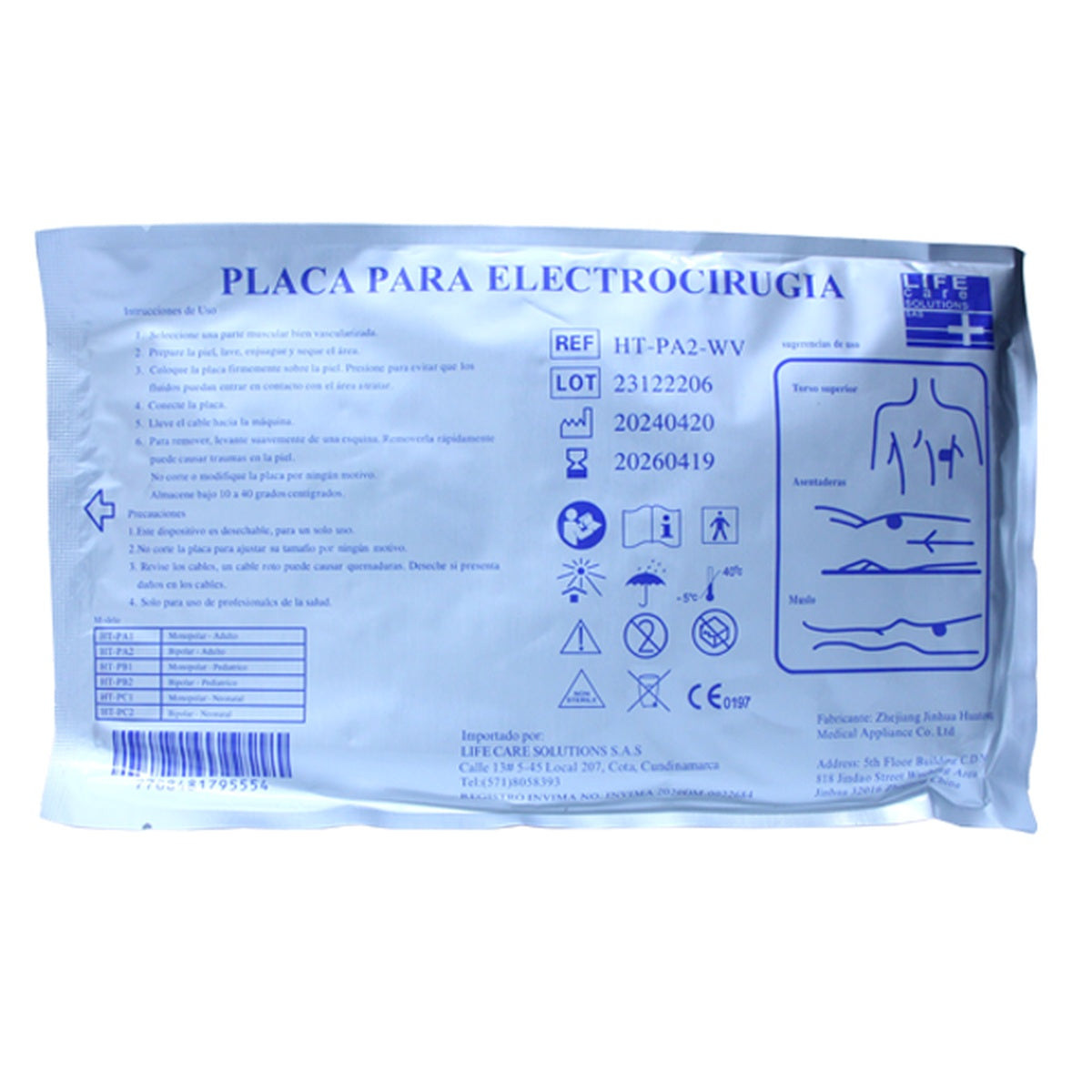 Placa electrobisturí tipo REM con cable, electrodo de doble celda, fabricada en PVC-polipropileno, para uso en procedimientos quirúrgicos.