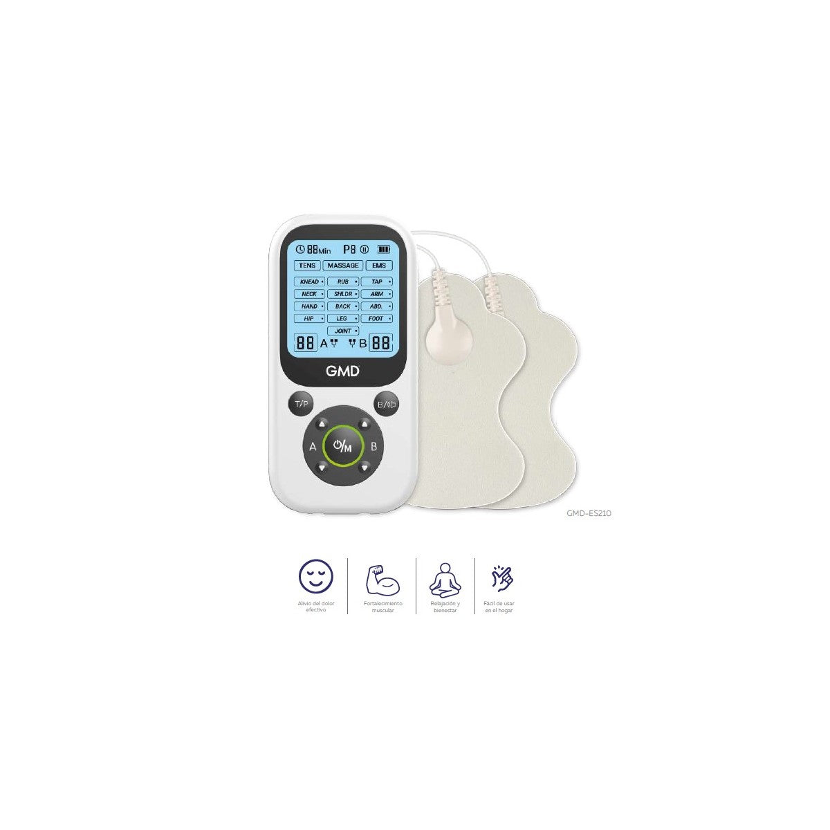 Electroestimulador Elektromed GMD-ES210, dispositivo de terapia TENS/EMS, compacto y de color negro, con pantalla digital y botones de control.