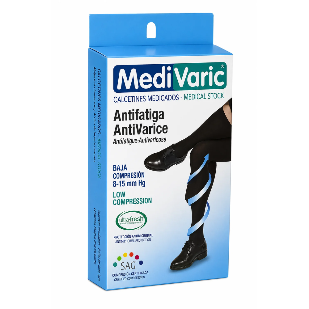 Empaque de medias de compresión baja 8-15 mmHg, talla L, color café, referencia 3313P0307, con presentación e información del producto.