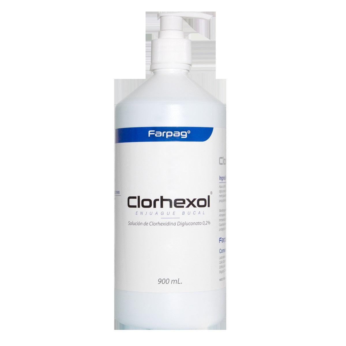 Clorhexol® enjuague bucal de Laboratorios Farpag S.A.S., solución antiséptica de 180 mL en frasco PET, color azul claro, con sabor a menta.