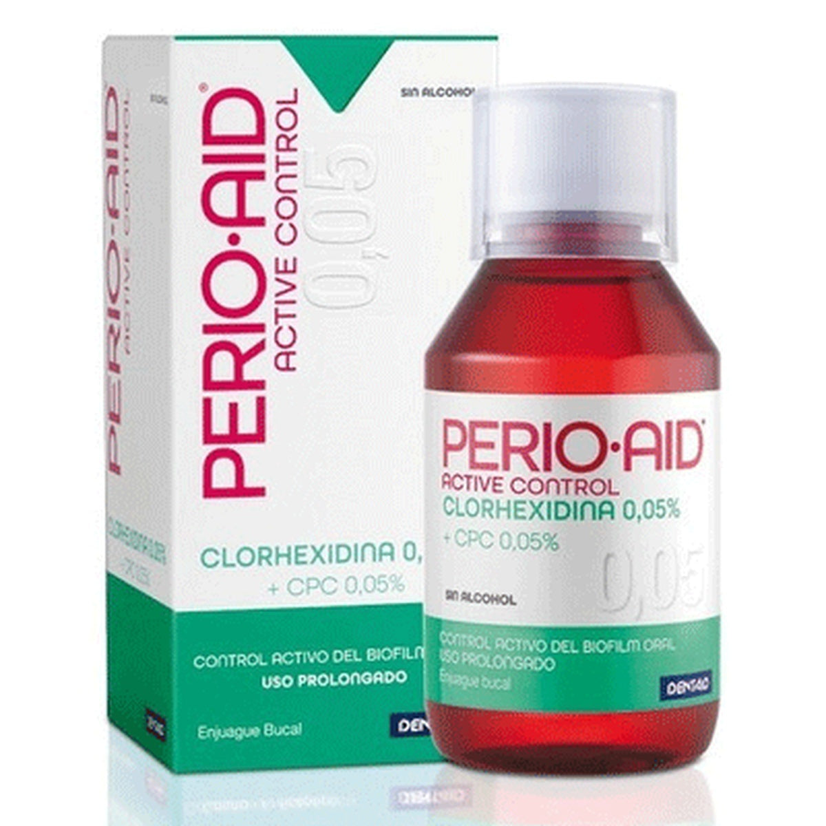 Enjuague bucal PERIO·AID 0,05 % en envase de 150 ml, líquido azul, transparente y homogéneo, formulado para el mantenimiento de la higiene oral.
