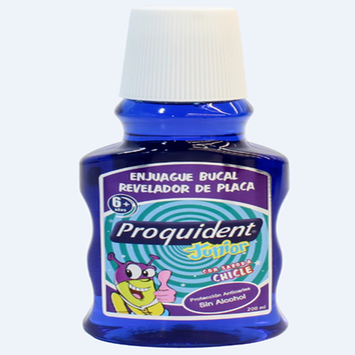 Enjuague bucal revelador de placa Proquident, 200 mL, líquido azul oscuro, sin alcohol, sabor chicle, formulado para higiene bucal.