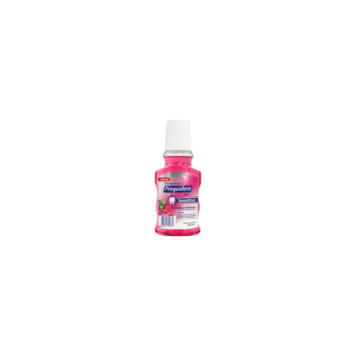 Enjuague bucal Sensitive de Proquident, 200 mL, líquido traslúcido color rosado, con aroma y sabor a sandía, en envase PET.