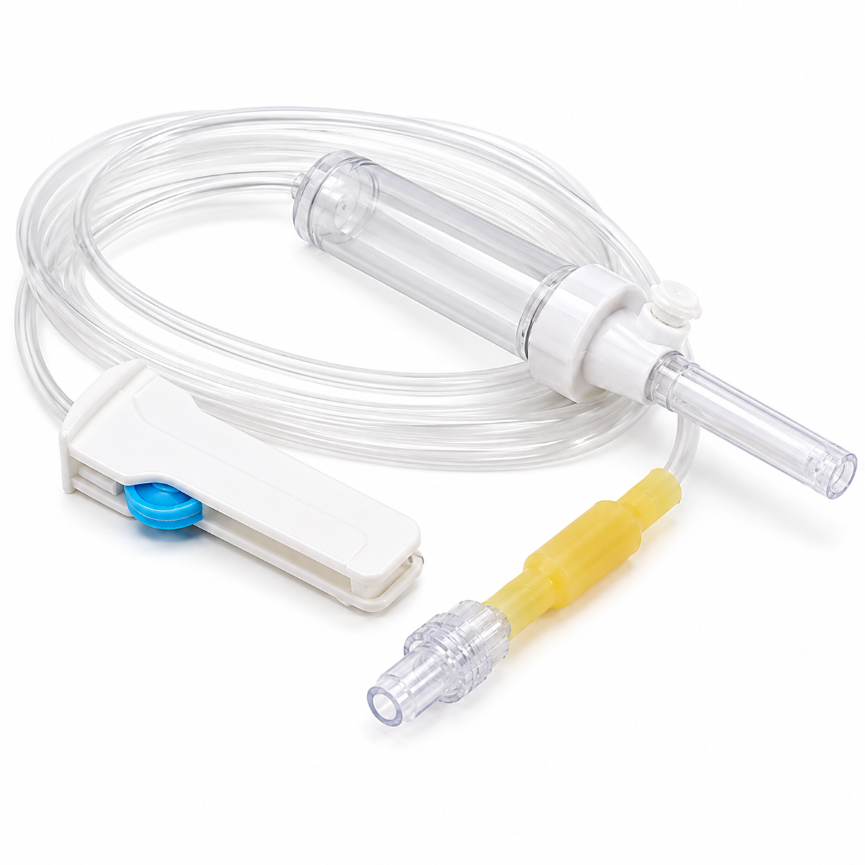 Equipo Desechable de Infusión Macro con Válvula de Precisión x UND para administración y control de fluidos médicos.