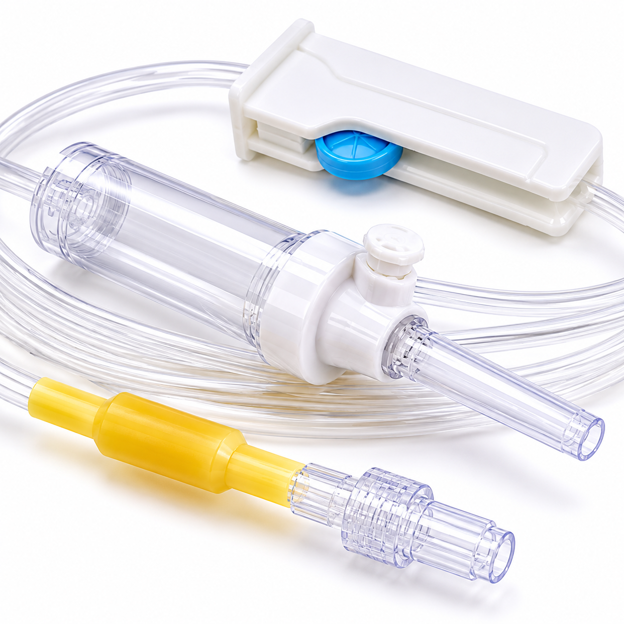 Equipo médico desechable de macroinfusión con válvula de precisión diseñado para procedimientos clínicos.