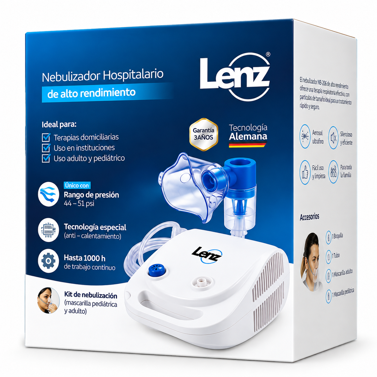 Equipo nebulizador Lenz NB-206B para uso adulto, con sistema de compresión para apoyar tratamientos respiratorios por nebulización.