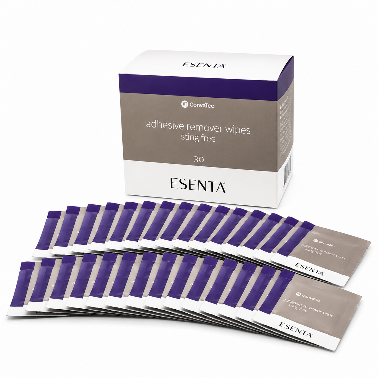 Esenta eliminador de adhesivo Sting Free caja x30 toallas Convatec con sobres individuales sobre fondo blanco para catálogo médico