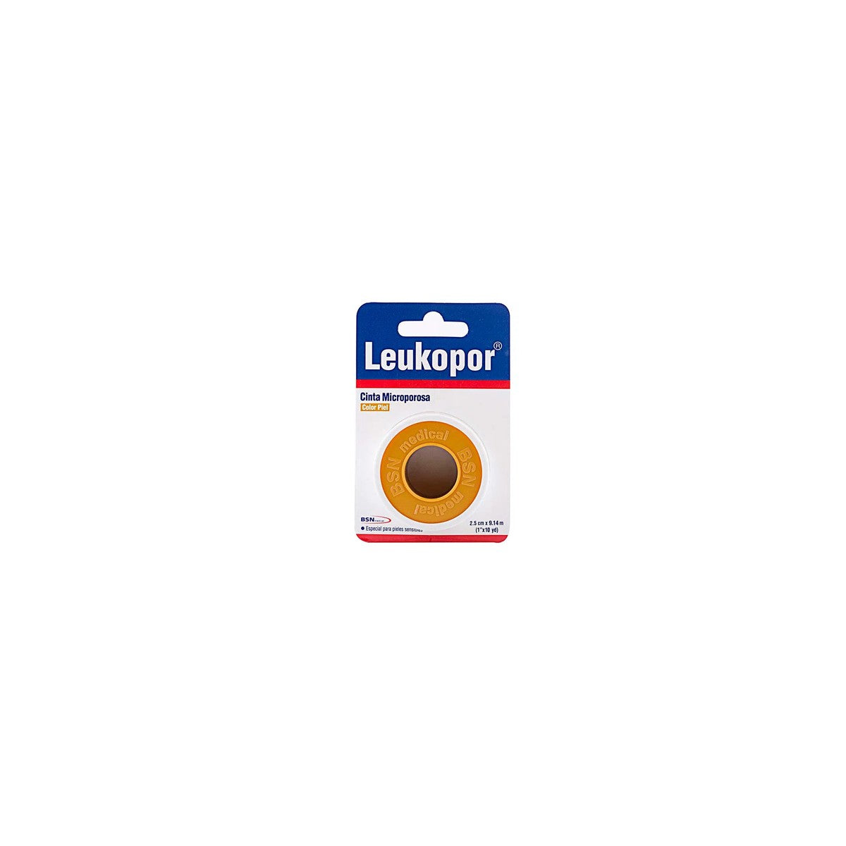 Esparadrapo microporoso Leukopor de 1" x 10 yd, color blanco, ideal para fijación de apósitos y vendajes en piel sensible.