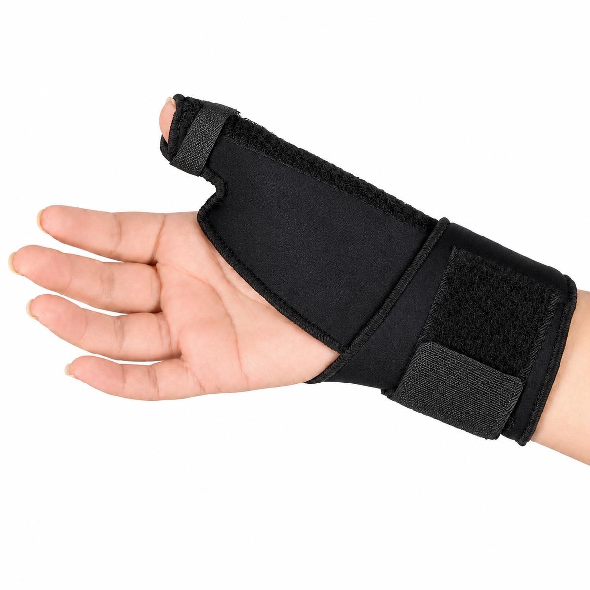 Soporte ortopédico tipo espica para pulgar, talla universal, color negro, referencia 16100, diseñado para inmovilización y soporte del pulgar.