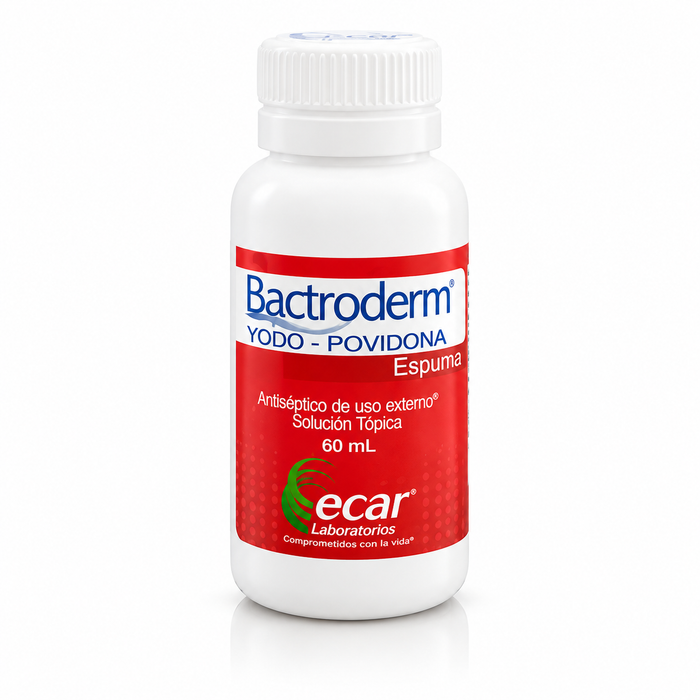 Espuma antiséptica Bactroderm Ecar con yodopovidona al 8%, diseñada para la antisepsia y limpieza de la piel.