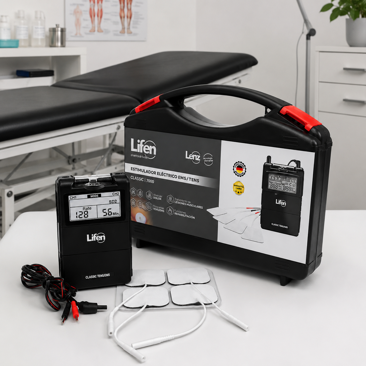 Estimulador Eléctrico Classic 7000 TENS EMS Lifen con electrodos y accesorios sobre mesa de consultorio médico para terapia y rehabilitación muscular