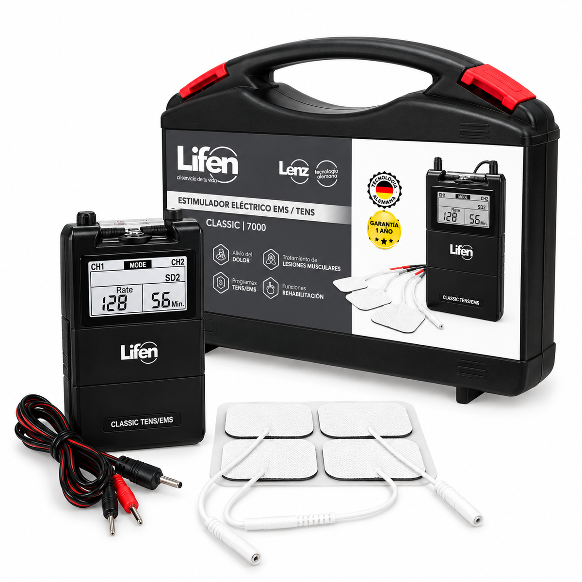 Estimulador eléctrico Lifen Classic 7000 con funciones TENS y EMS, diseñado para electroestimulación y apoyo en rutinas de recuperación muscular.