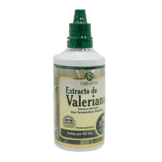 Extracto de Valeriana 60 ml de Naturcol, frasco de vidrio ámbar con tapa blanca, líquido transparente, uso como relajante natural.