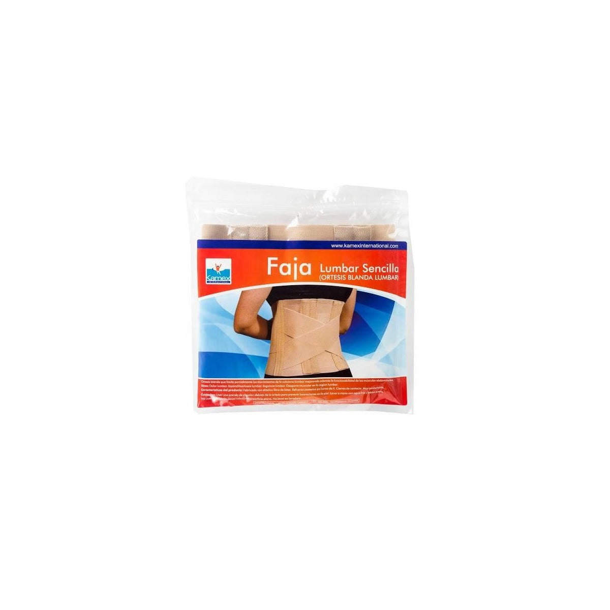 Faja lumbar sencilla KM037, color beige, fabricada con poliéster y elastómero, diseñada para soporte lumbar y tratamiento de lumbalgias.
