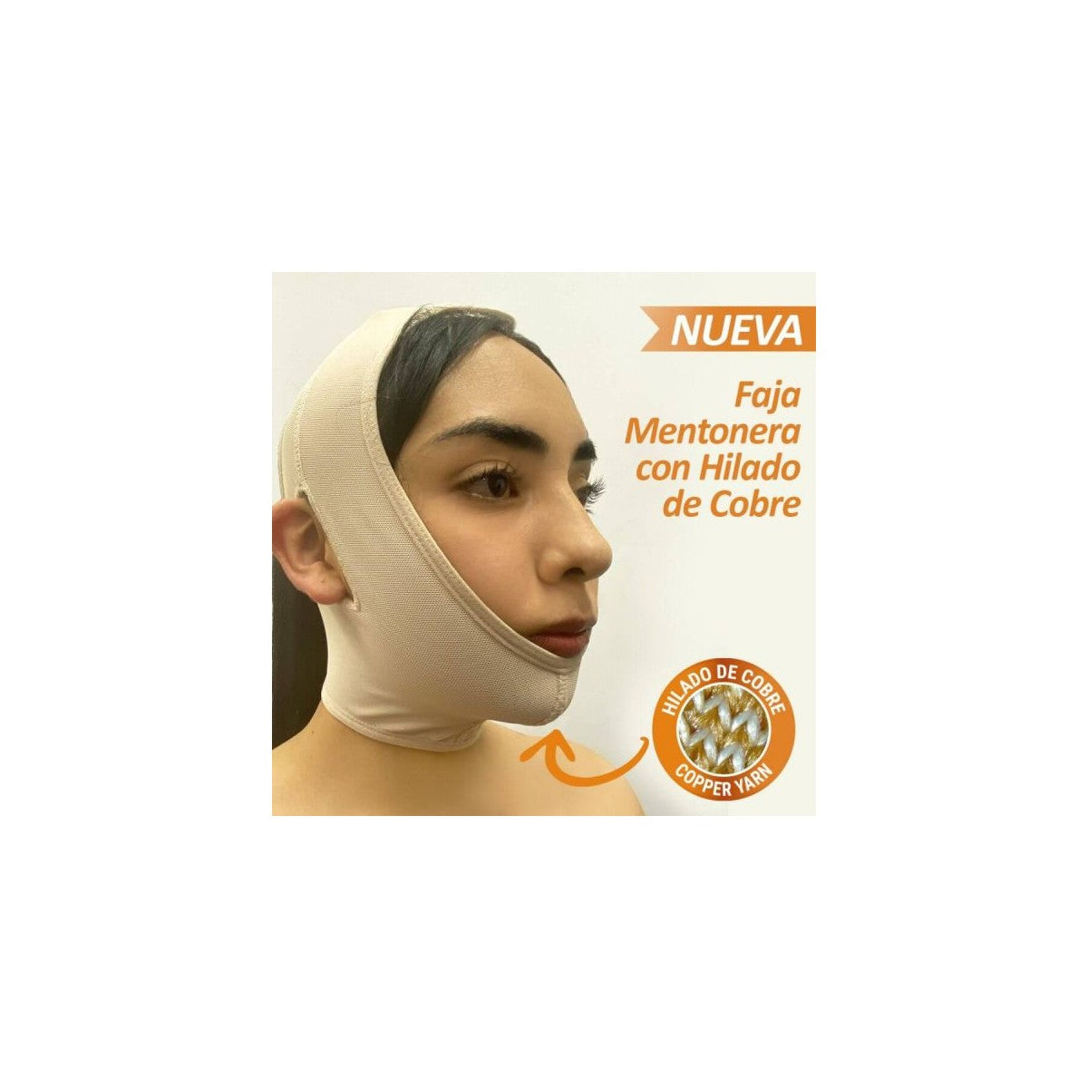 Faja post-operatoria mentonera facial T-S/M en color beige, fabricada por Medivaric, diseñada para soporte y compresión facial.