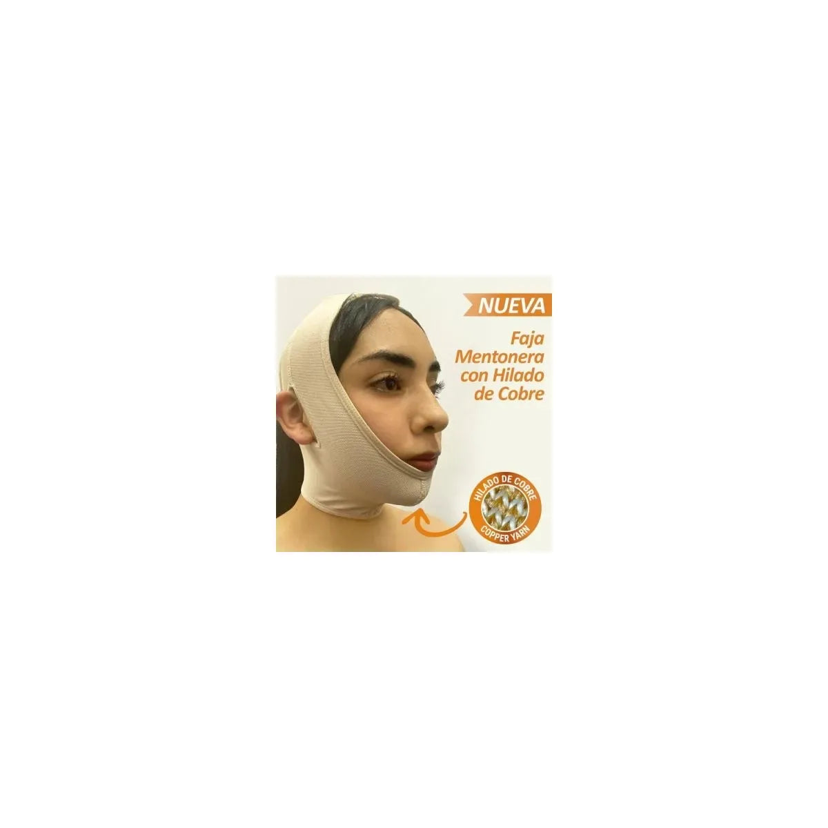 Faja mentonera beige de Medivaric, referencia 0521, fabricada con 86% poliamida y 14% elastano, diseñada para soporte postoperatorio facial.