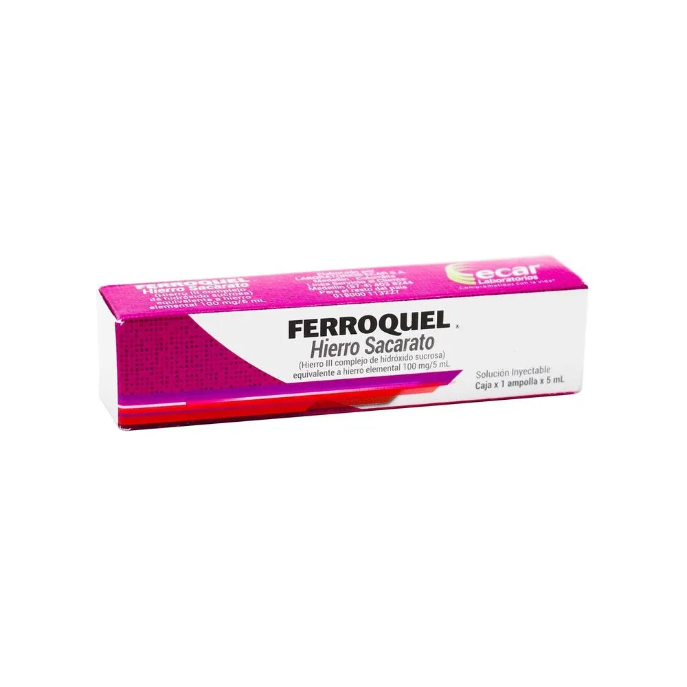 FERROQUEL 100 mg/5 ml solución inyectable, presentación del producto con 1 ampolla.
