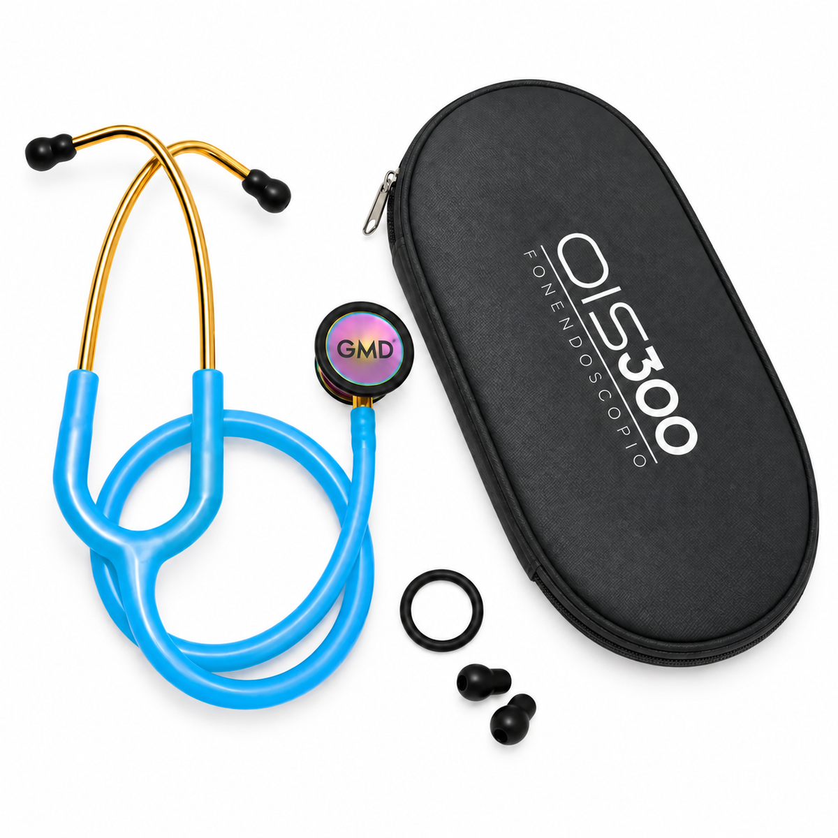 Fonendoscopio OIS 300 azul brillante con estuche, referencia GMD30-DCJ-13S, diseñado para facilitar su almacenamiento, transporte y uso clínico.