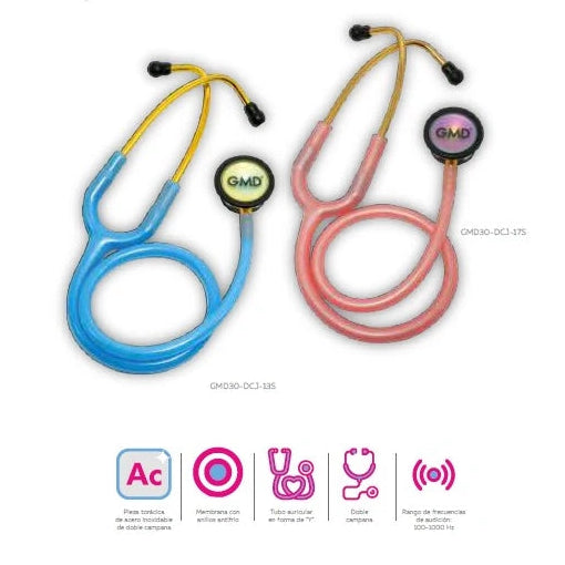 Fonendoscopio OIS 300 en color azul brillante, con tubos flexibles y campana de acero inoxidable, referencia GMD30-DCJ-13S.