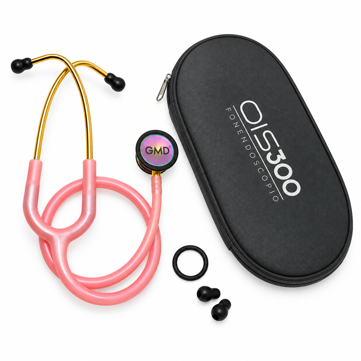 Fonendoscopio OIS 300 GMD color rosado brillante con estuche, diseñado para facilitar su almacenamiento, transporte y uso en auscultación clínica.