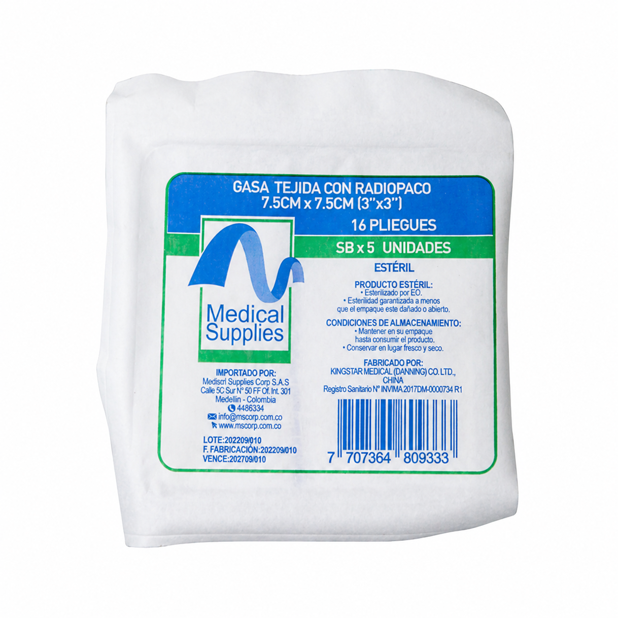 Gasa estéril radiopaco 7.5x7.5 cm 16 pliegues paquete x5 unidades Medical Supplies