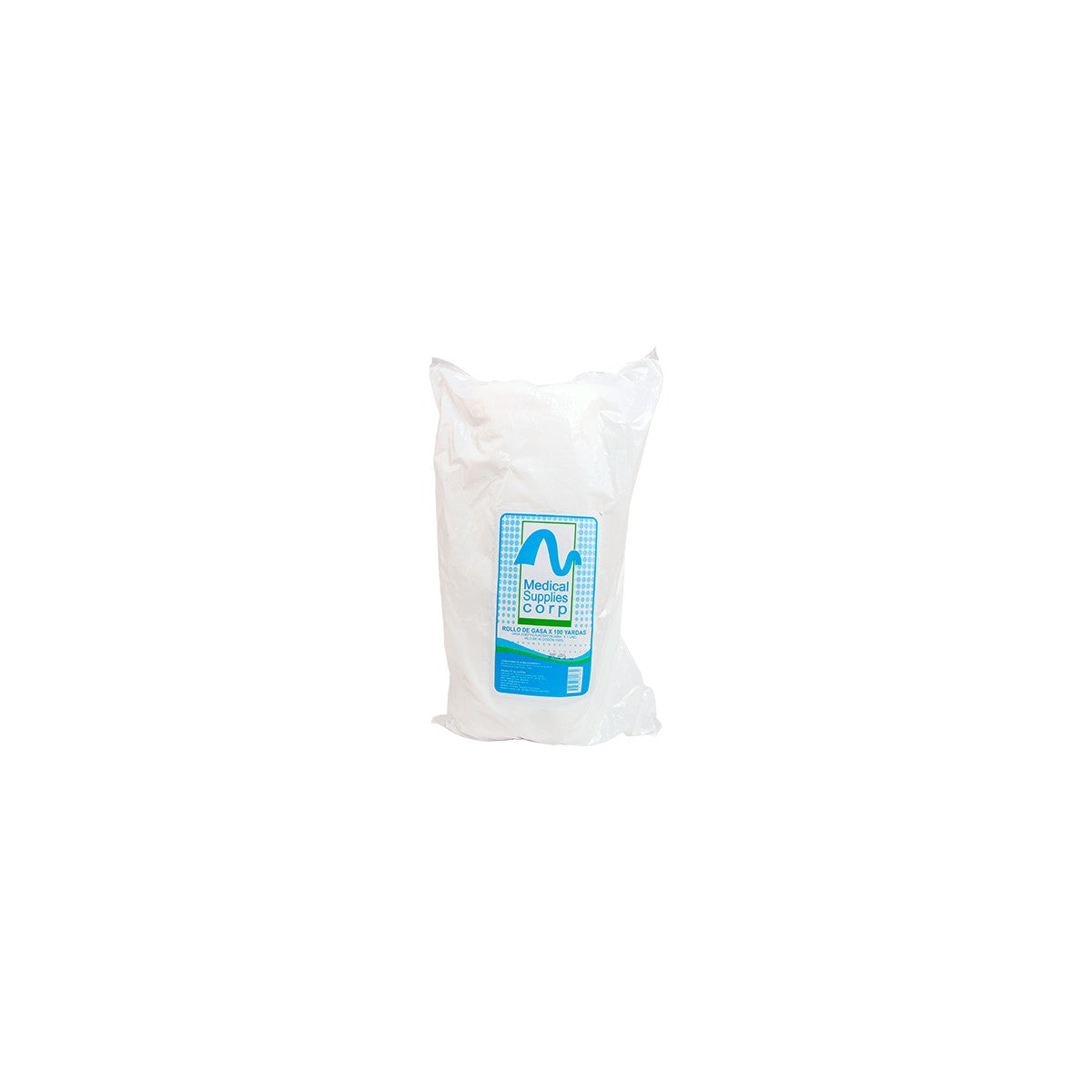 Rollo de gasa de algodón tipo VII, color blanco, suave y liviano, presentado en bolsa plástica pigmentada, para cubrimiento de heridas.