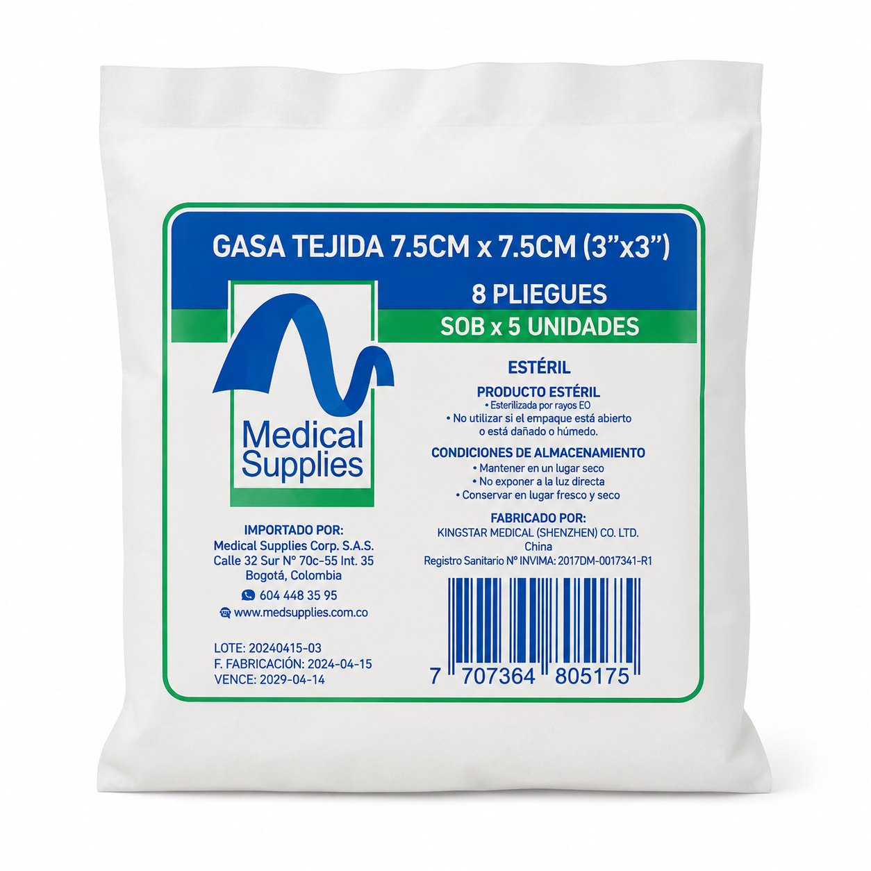 Gasa No Tejida 7.5x7.5 cm Sob 5 Und - Medical Supplies