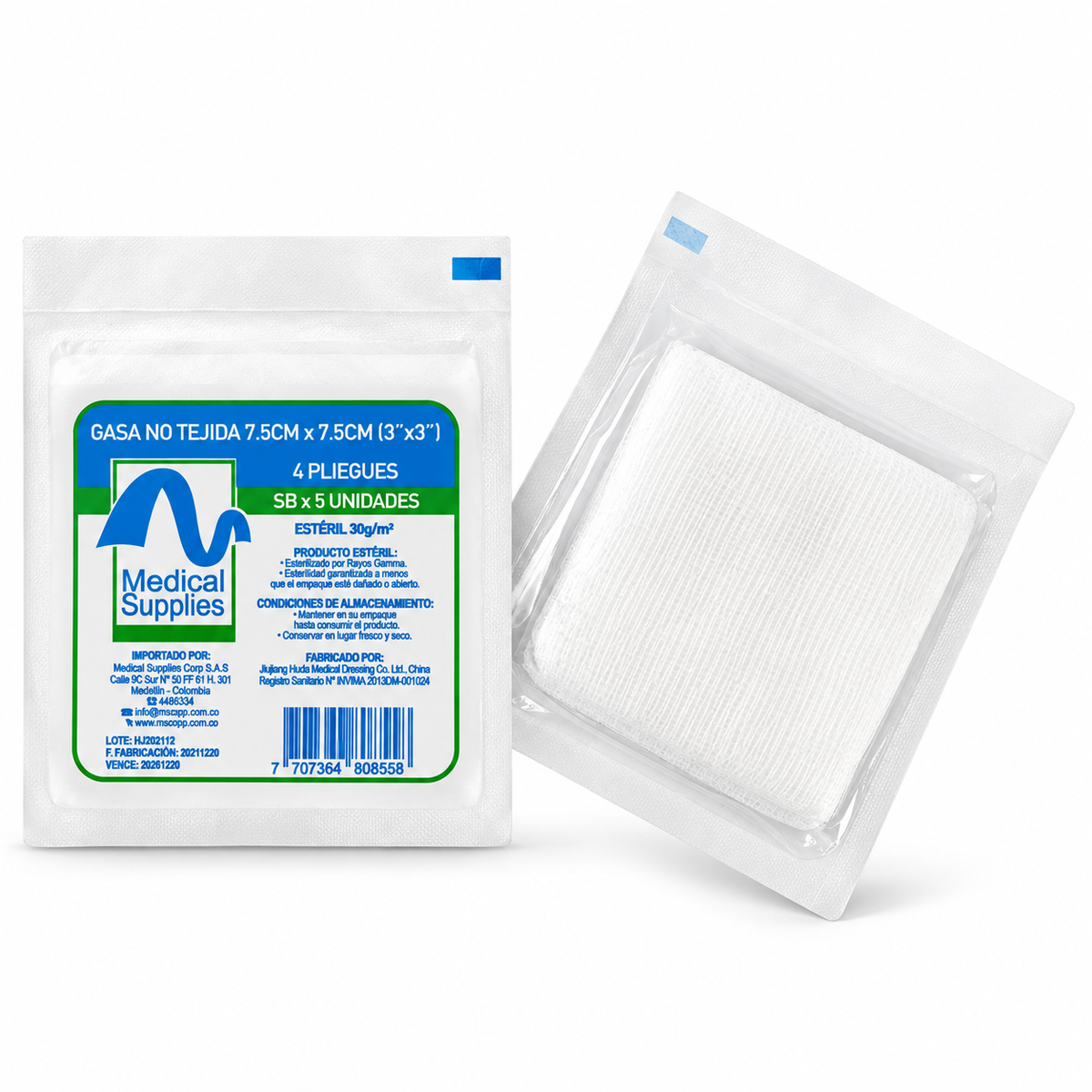 Gasa no tejida Medical Supplies de 7.5 x 7.5 cm, presentación en sobre de 5 unidades para curaciones y cuidado de heridas.