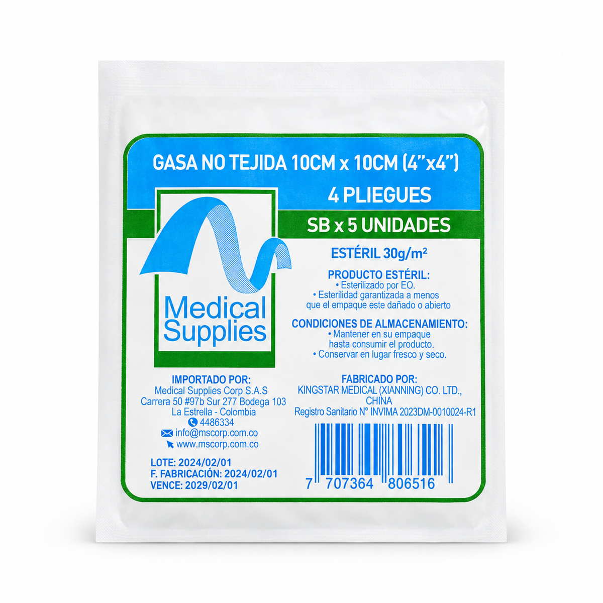 Gasa no tejida estéril Medical Supplies de 10 x 10 cm, presentación de 5 unidades para curaciones y cuidado de heridas.