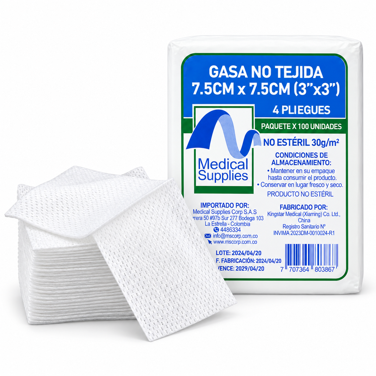Gasa no tejida no estéril Medical Supplies de 7,5 x 7,5 cm, paquete de 100 unidades para uso médico.
