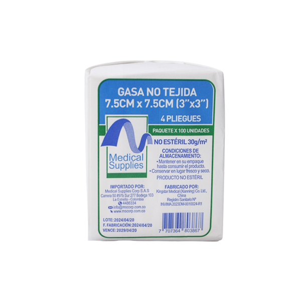 Gasa no tejida no estéril 7.5x7.5 cm paquete por 100 unidades Medical Supplies para curaciones y uso clínico