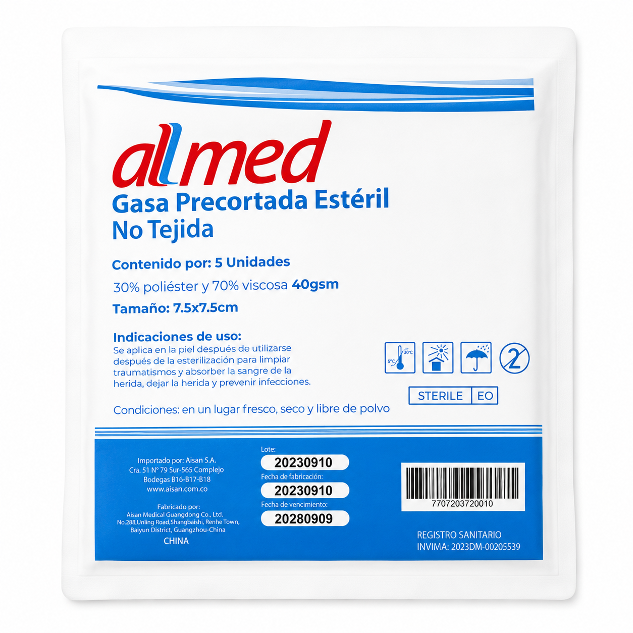 Gasa Precortada No Tejida Estéril 7.5cm x 7.5cm - Allmed