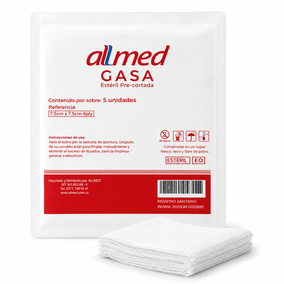 Gasa tejida estéril Allmed de 7.5 x 7.5 cm, presentación de 5 unidades para curaciones y cuidado de heridas.
