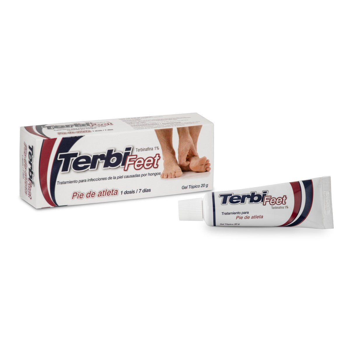 Terbifeet Gel Antifúngico 1%, 20g, tubo de gel transparente con tapa blanca, indicado para el tratamiento de infecciones fúngicas.